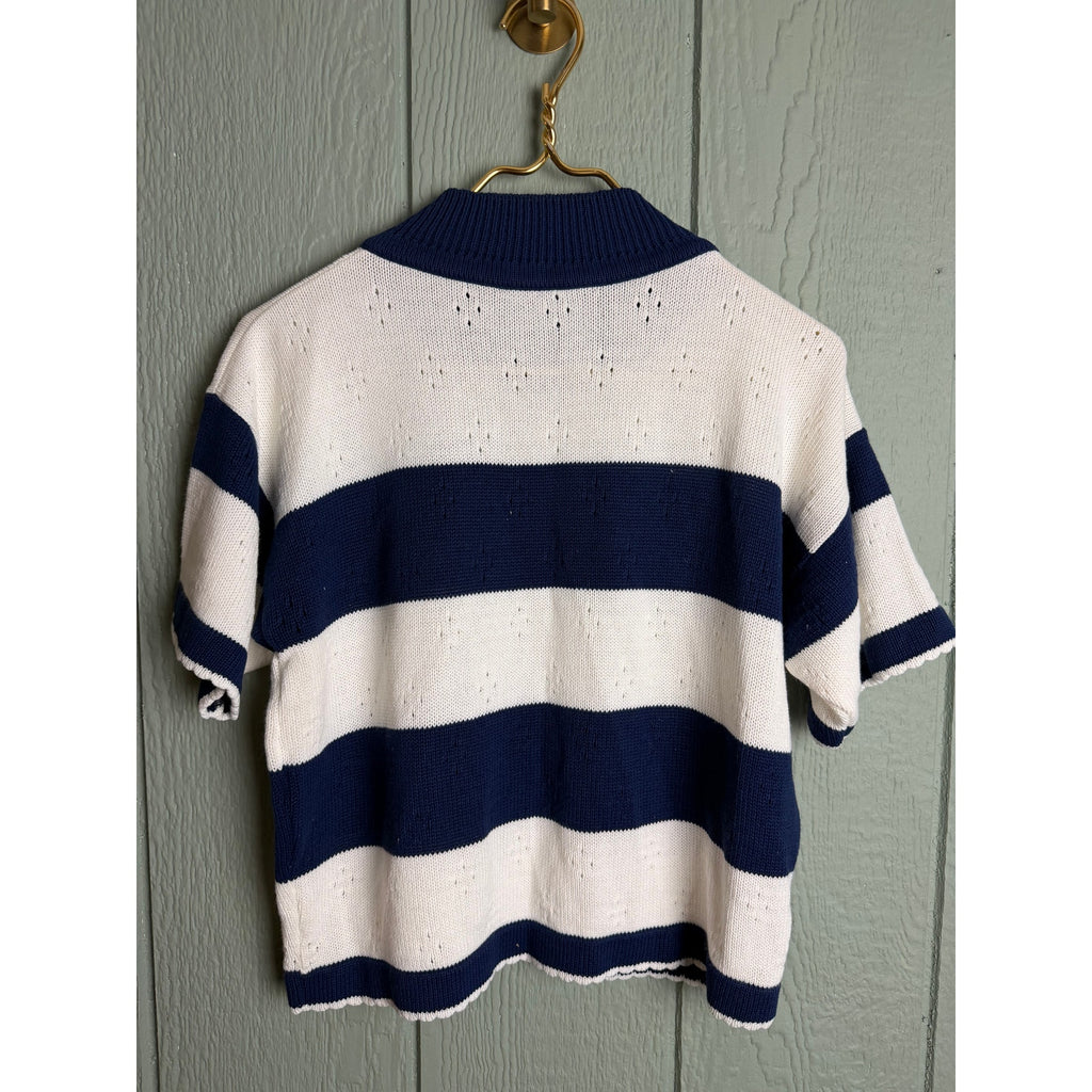 Vintage 80s Navy White Stripe Knit Top Short Sleeve Mock Neck Made in USA