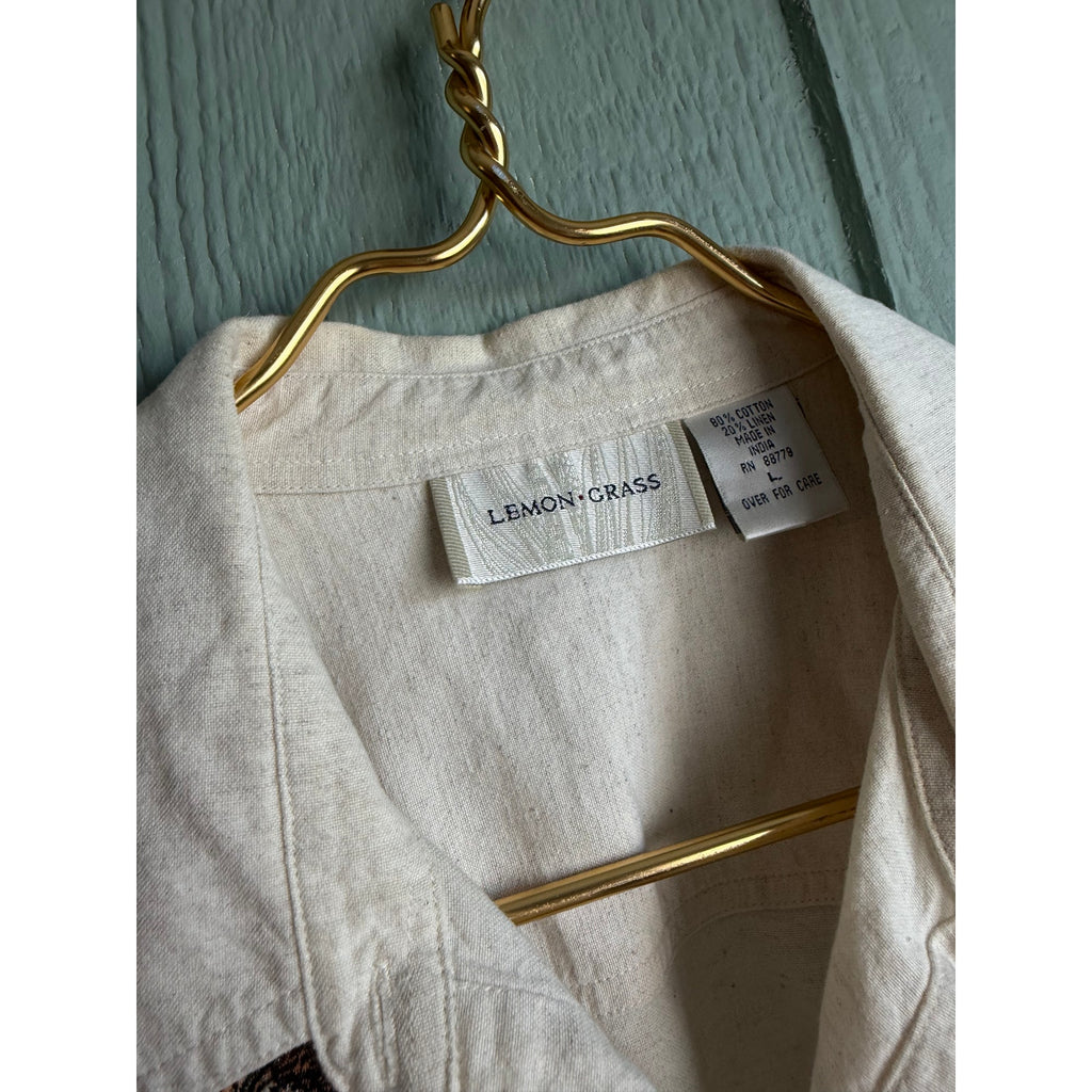 Vintage Safari Animal Embroidered Shirt Women’s Large Linen Cotton Blend
