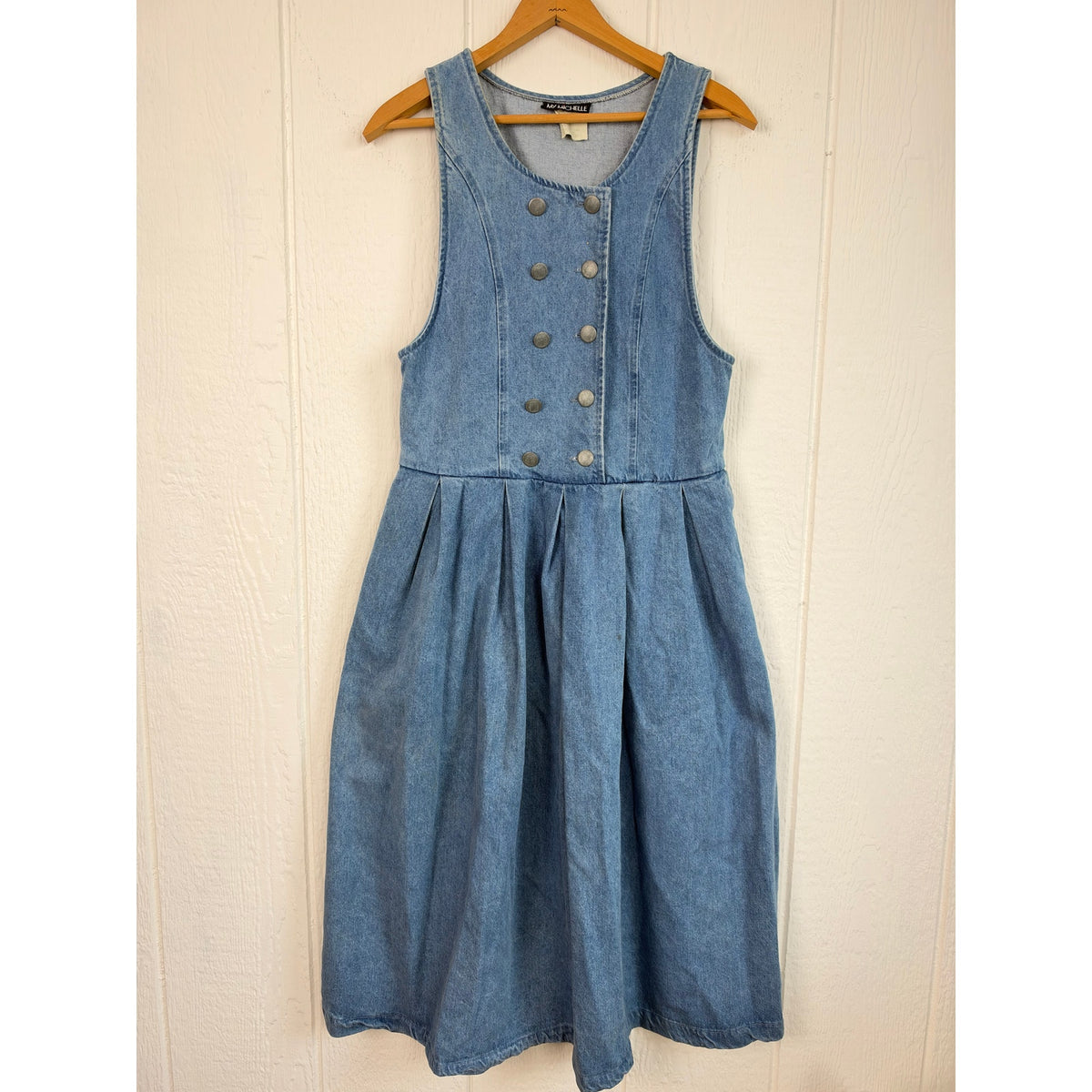 Vintage 90s My Michelle Denim Pinafore Dress Double Breasted Pleated Jumper