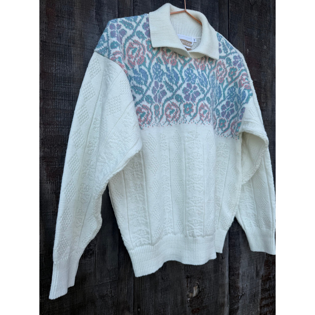Vintage 80s Pastel Floral Knit Collared Sweater, Small