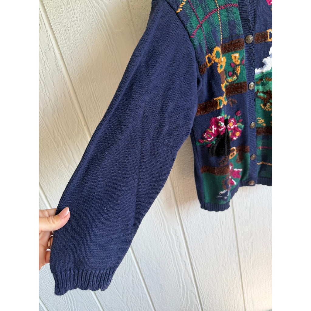 Vintage Cardigan Sweater Embroidered Horse Derby Floral Women’s 90s