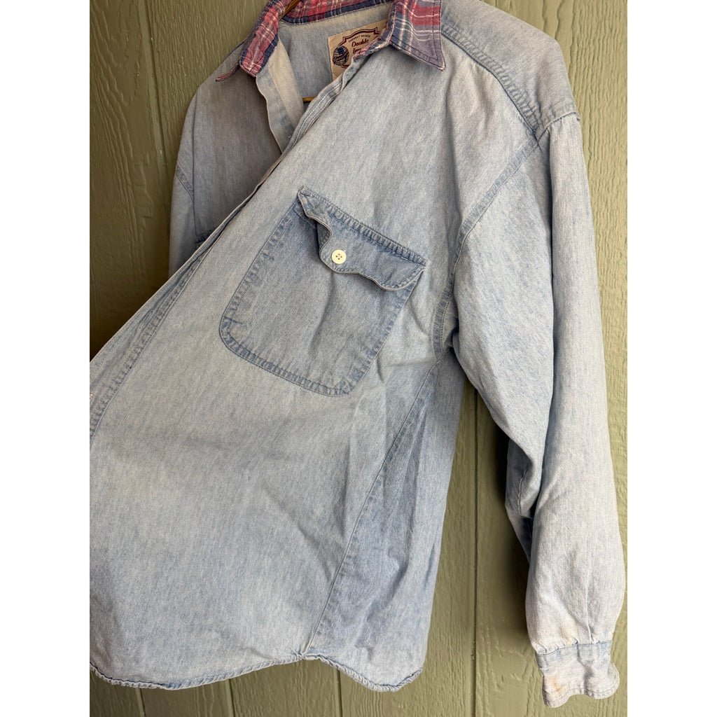 Vintage Denim Button-Up Shirt | Plaid Lined Collar | 90s Workwear