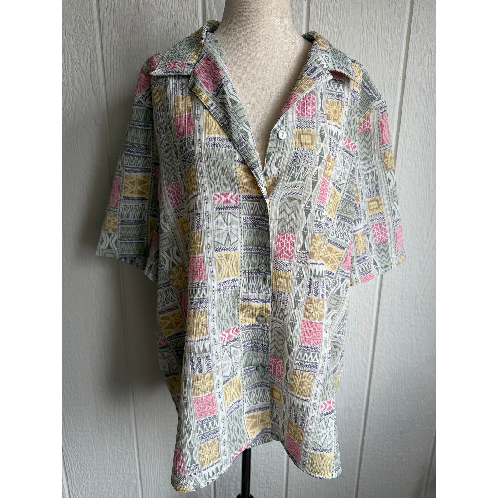 Vintage Alia Abstract Print Button Up Blouse Southwestern Pattern Retro 90s