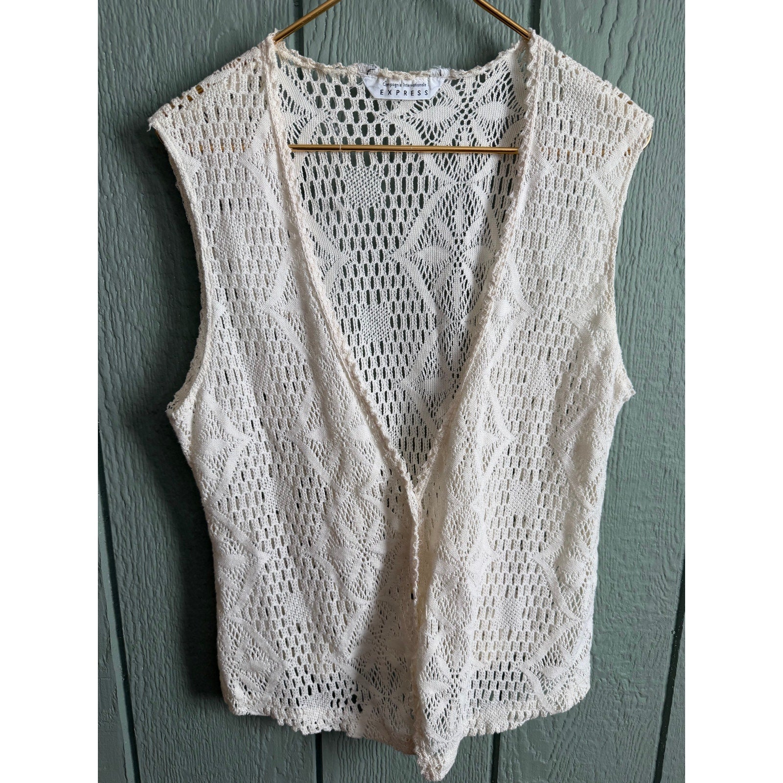 Vintage Express Crochet Knit Vest Cream Open Front Boho 90s USA