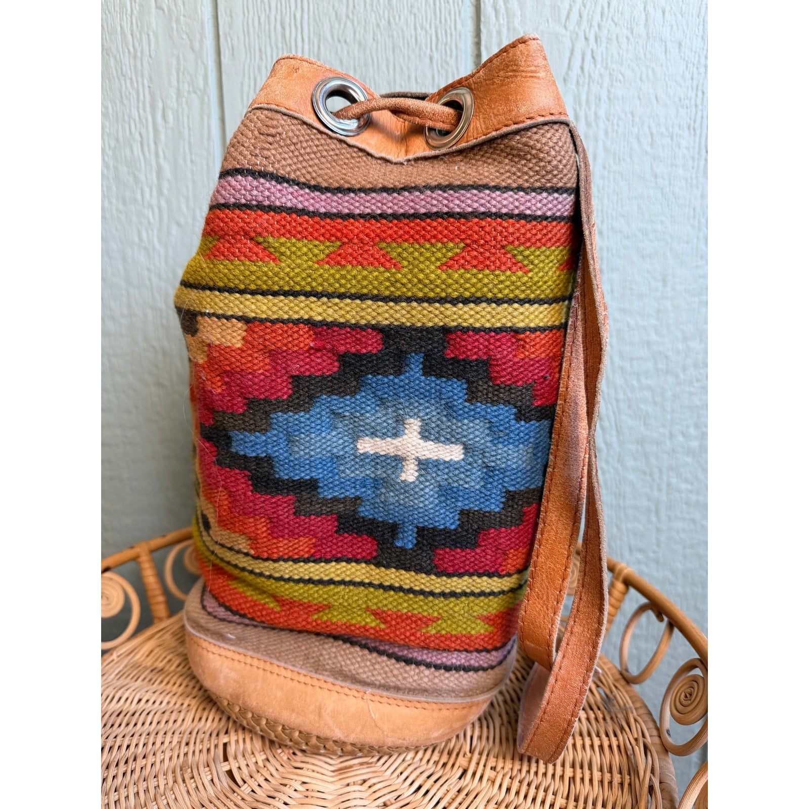 Trish Hunter Vintage Kilim Drawstring Bucket Bag | Leather & Woven Tapestry