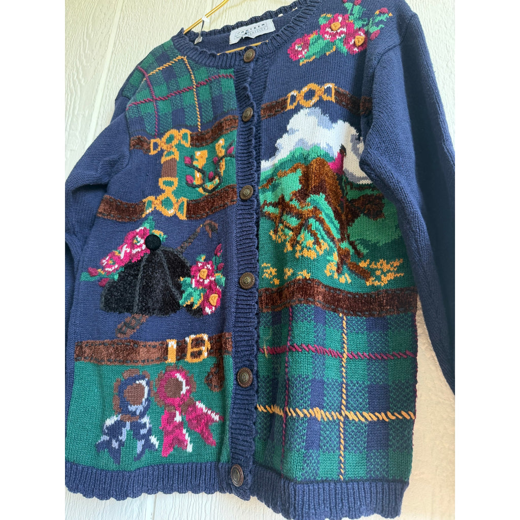 Vintage Cardigan Sweater Embroidered Horse Derby Floral Women’s 90s