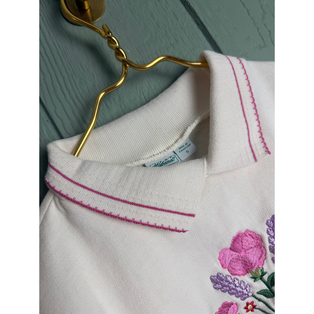 Vintage 90s Embroidered Floral Sweatshirt Collared Pullover Pink Cream Small
