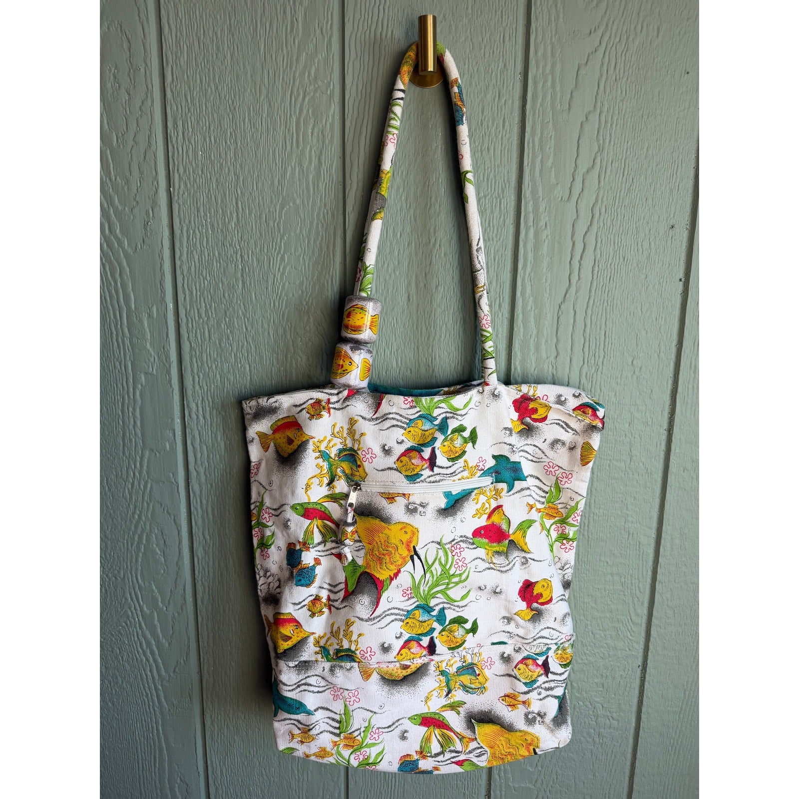 Vintage Fish Print Canvas Tote Bag w/ Wooden Beads 90s