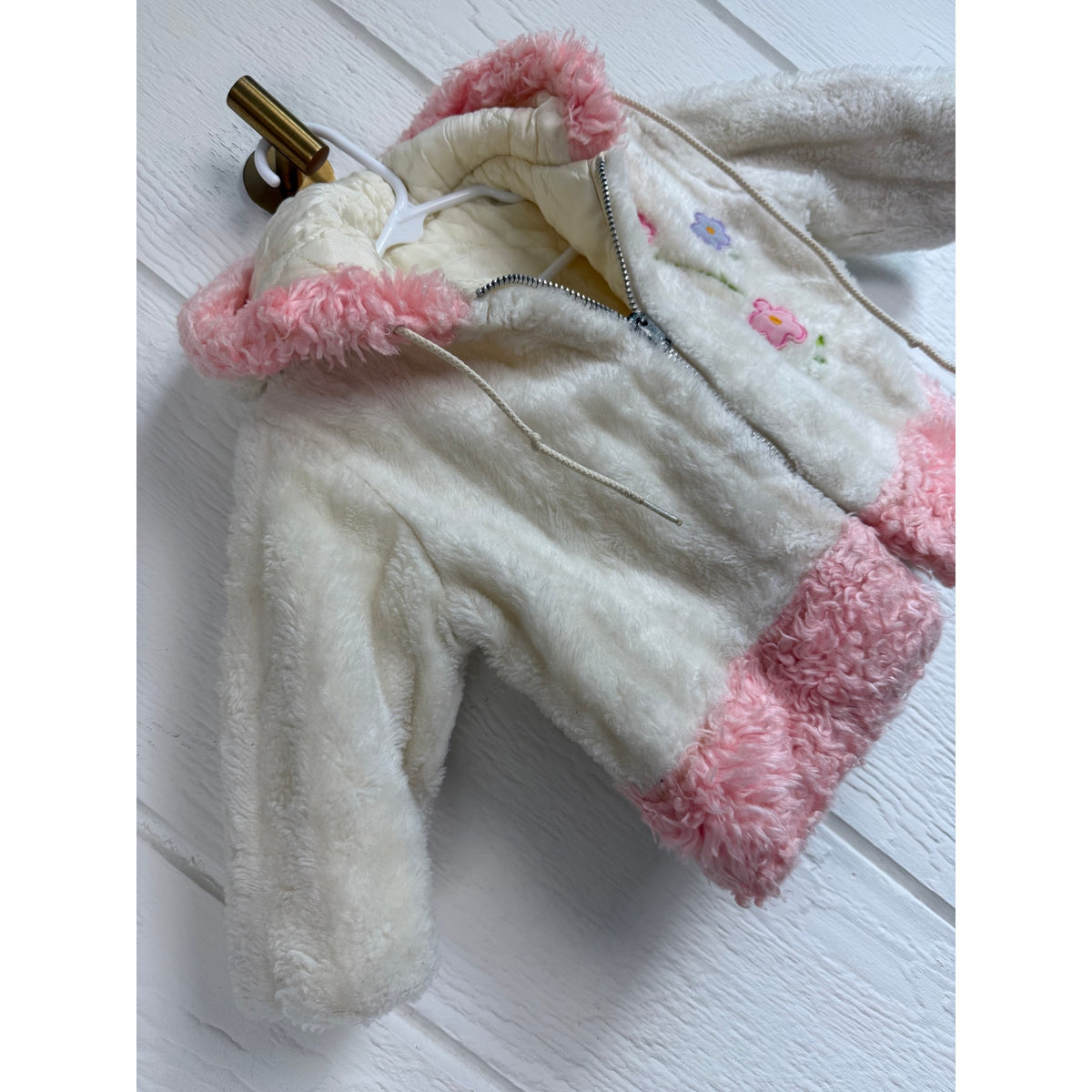 Y2K Girls Faux Fur Hooded Jacket Pink White Floral Fairycore Coat