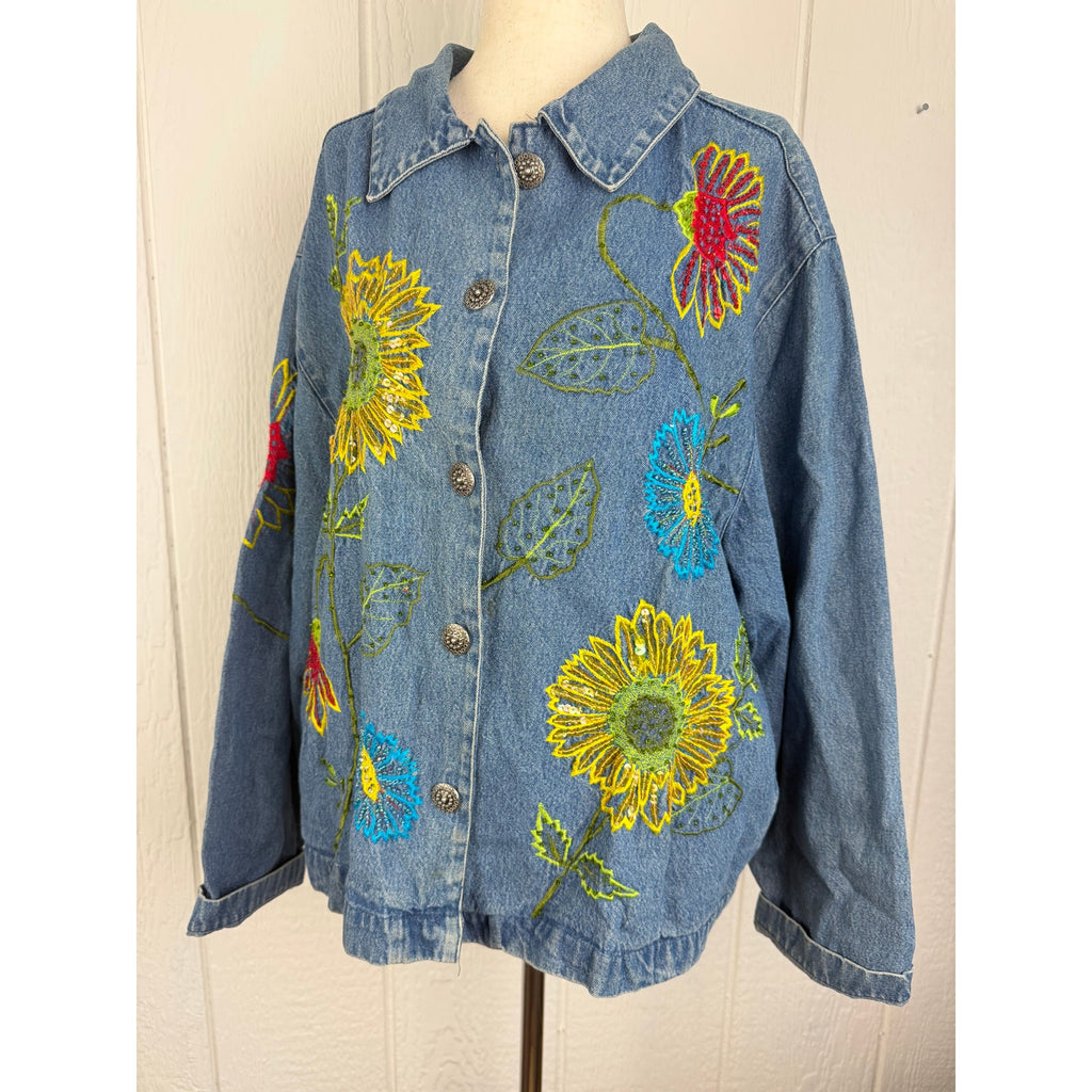 Vintage 90s Tantrums Embroidered Sunflower Denim Jacket Large Sequin Floral Boho