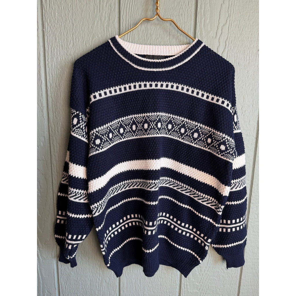 Vintage 90s Pasta Patterned Knit Sweater | Navy & Cream | Cozy Oversized Fit, SM