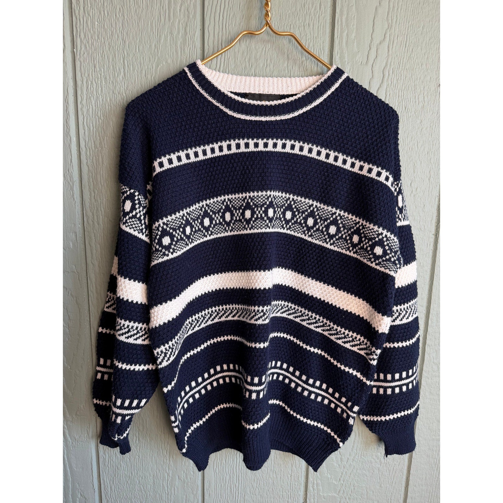Vintage 90s Pasta Patterned Knit Sweater | Navy & Cream | Cozy Oversized Fit, SM