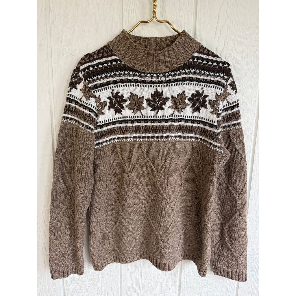 Vintage Northern Reflections Cable Knit Sweater Maple Leaf Fair Isle Mock Neck