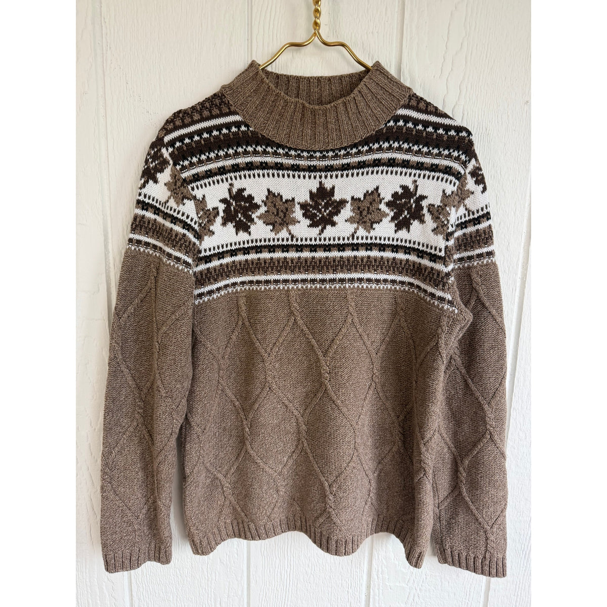 Vintage Northern Reflections Cable Knit Sweater Maple Leaf Fair Isle Mock Neck