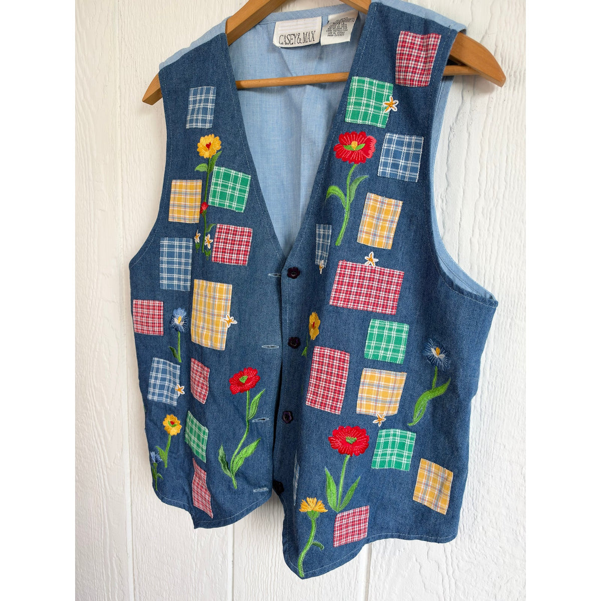 Vintage 90s Denim Vest Floral Embroidered Plaid Patchwork Cottagecore