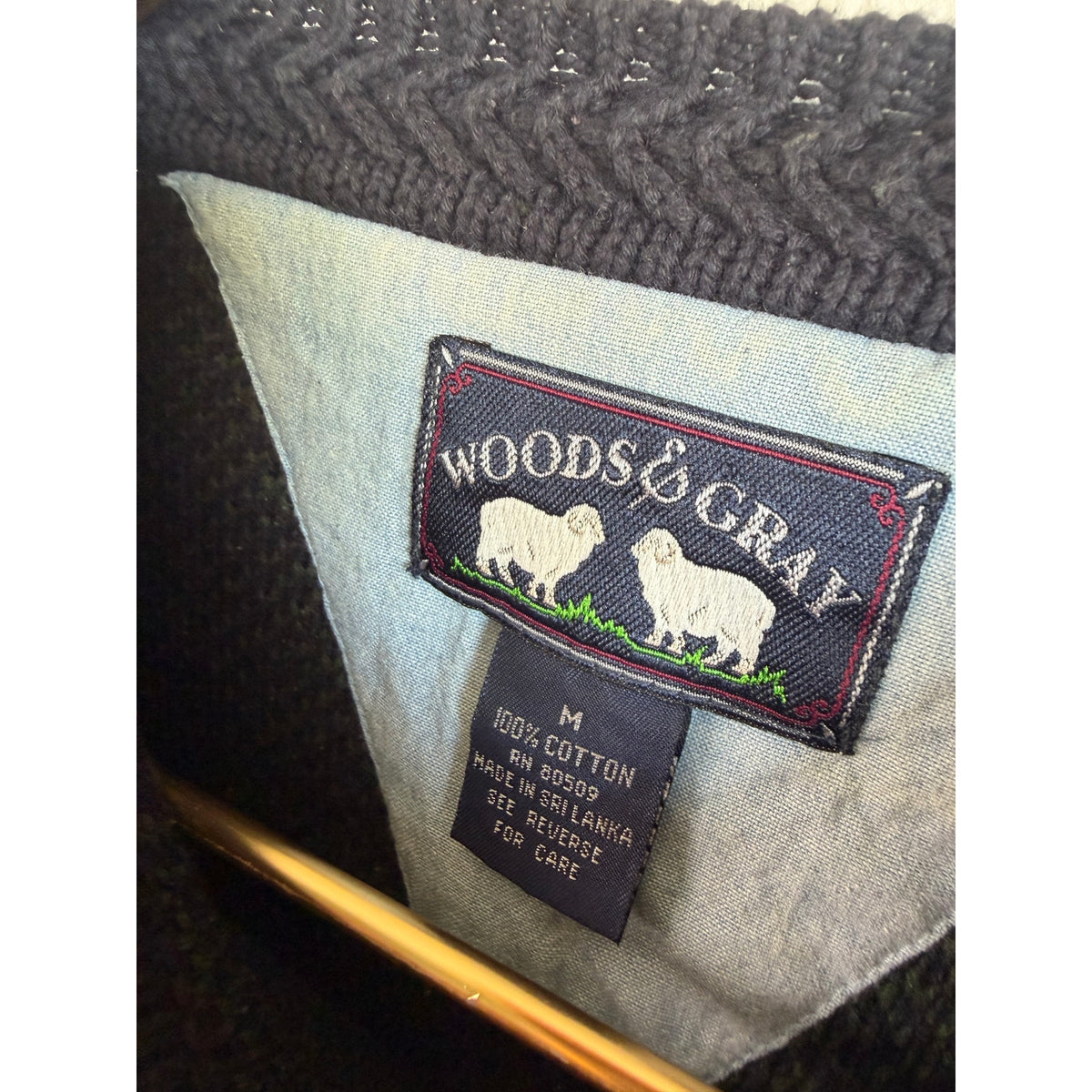 Vintage Woods & Navy Blue Green Plaid Cotton Sweater Size M 90s Grandpa Knit