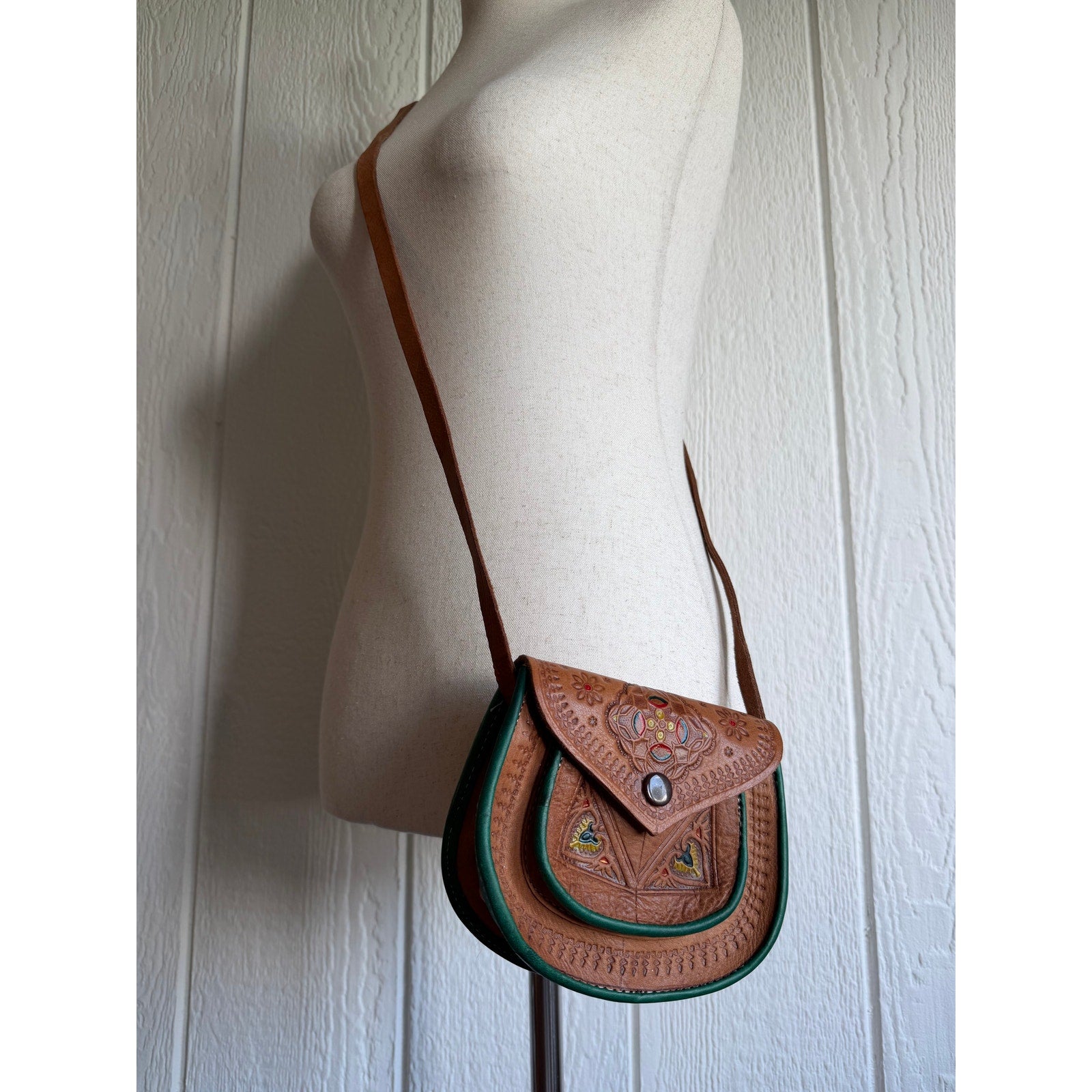 Vintage Tooled Leather Crossbody Purse Boho Folk Art Hand Painted Saddle Bag