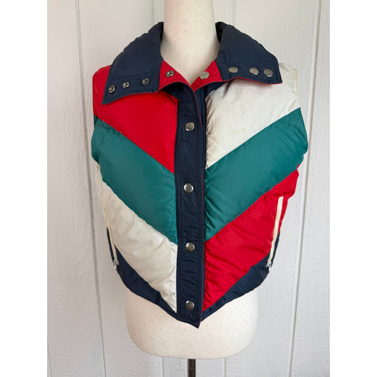 Vintage 80s JCPenney Ski Vest Medium Down Puffer Colorblock Après Ski Chevron