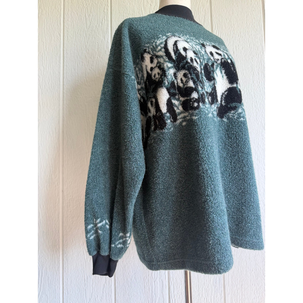 Vintage Panda Fleece Pullover Jacket Green Teddy Fleece 90s