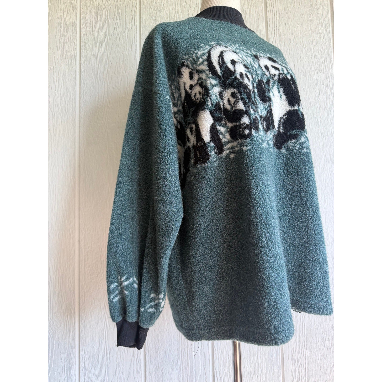 Vintage Panda Fleece Pullover Jacket Green Teddy Fleece 90s
