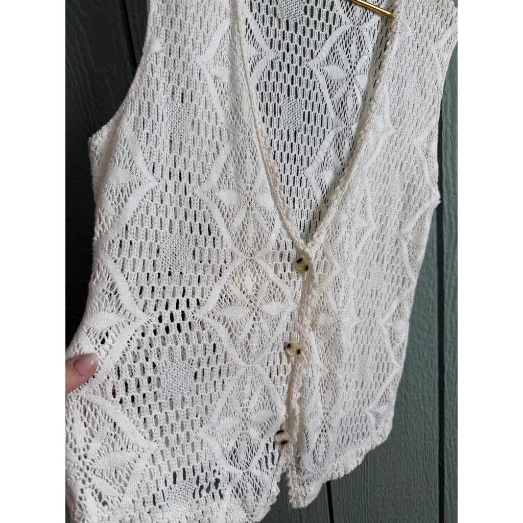 Vintage Express Crochet Knit Vest Cream Open Front Boho 90s USA