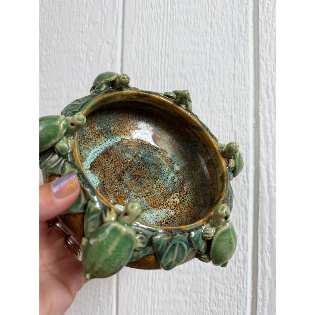 Vintage Studio Art Pottery Turtle Bowl Planter Applied Turtles Green Glaze