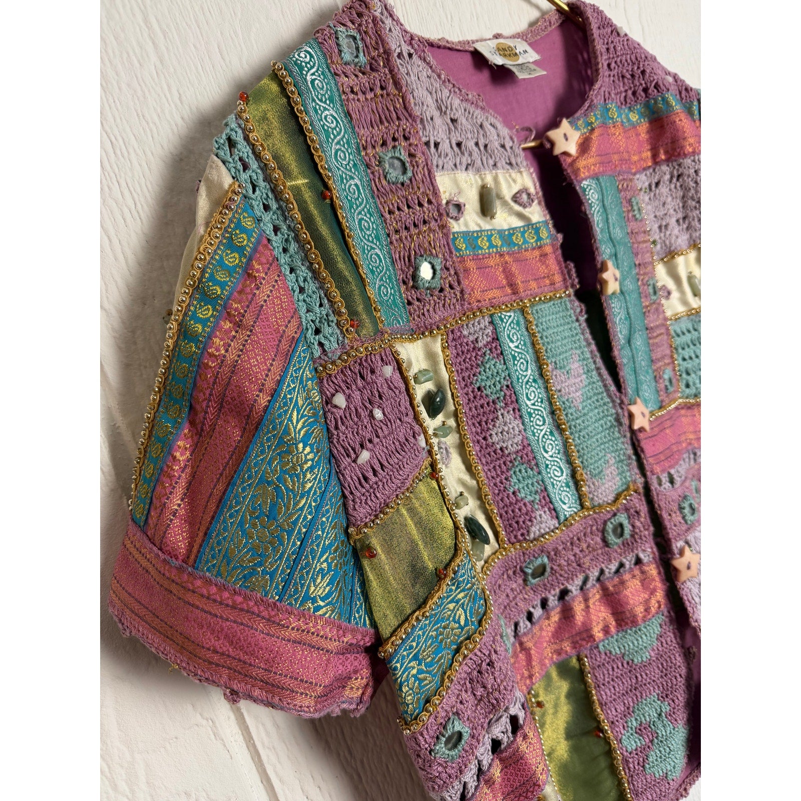 Vintage Sandy Starkman Patchwork Crochet Jacket Embellished Button Front Size M