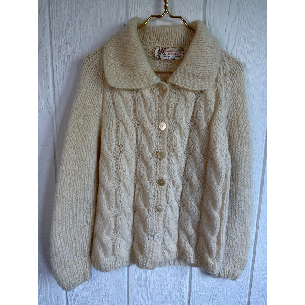 Vintage 70s Hand Made in Italy Wool Mohair Cable Knit Cardigan Sweater Ivory