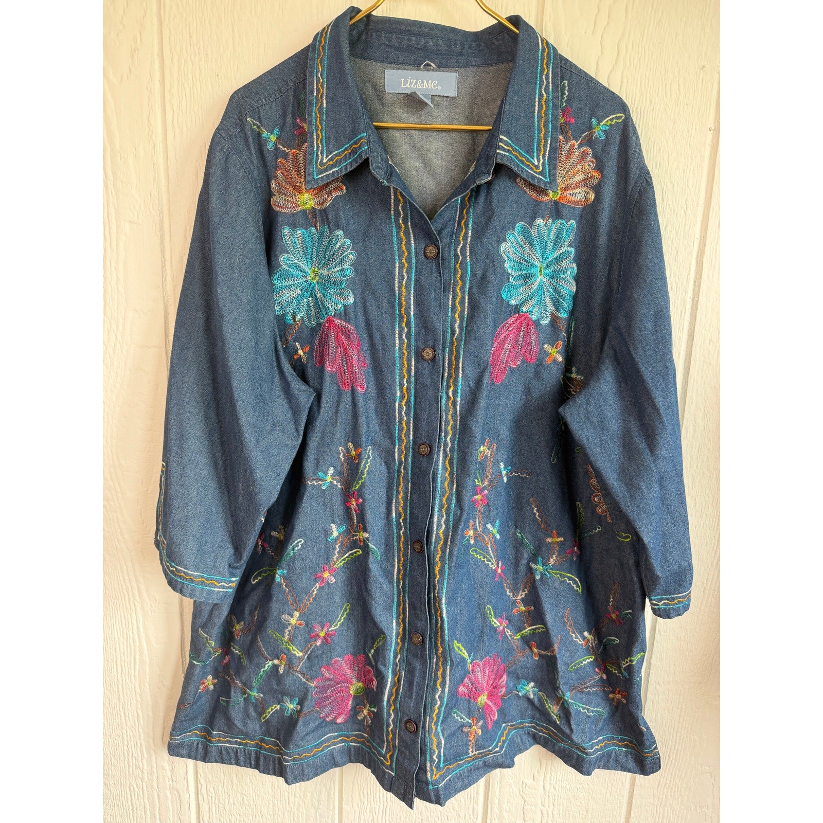Liz & Me 3X Embroidered Denim Button Up Tunic Floral Boho Cottagecore Plus