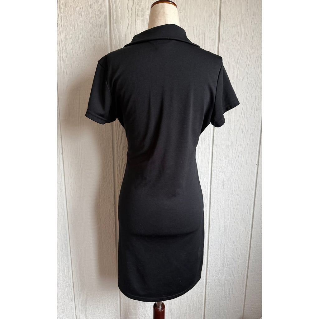 Vintage Express Tricot Stripe Polo Dress Black Retro Knit Mini Dress M Y2K