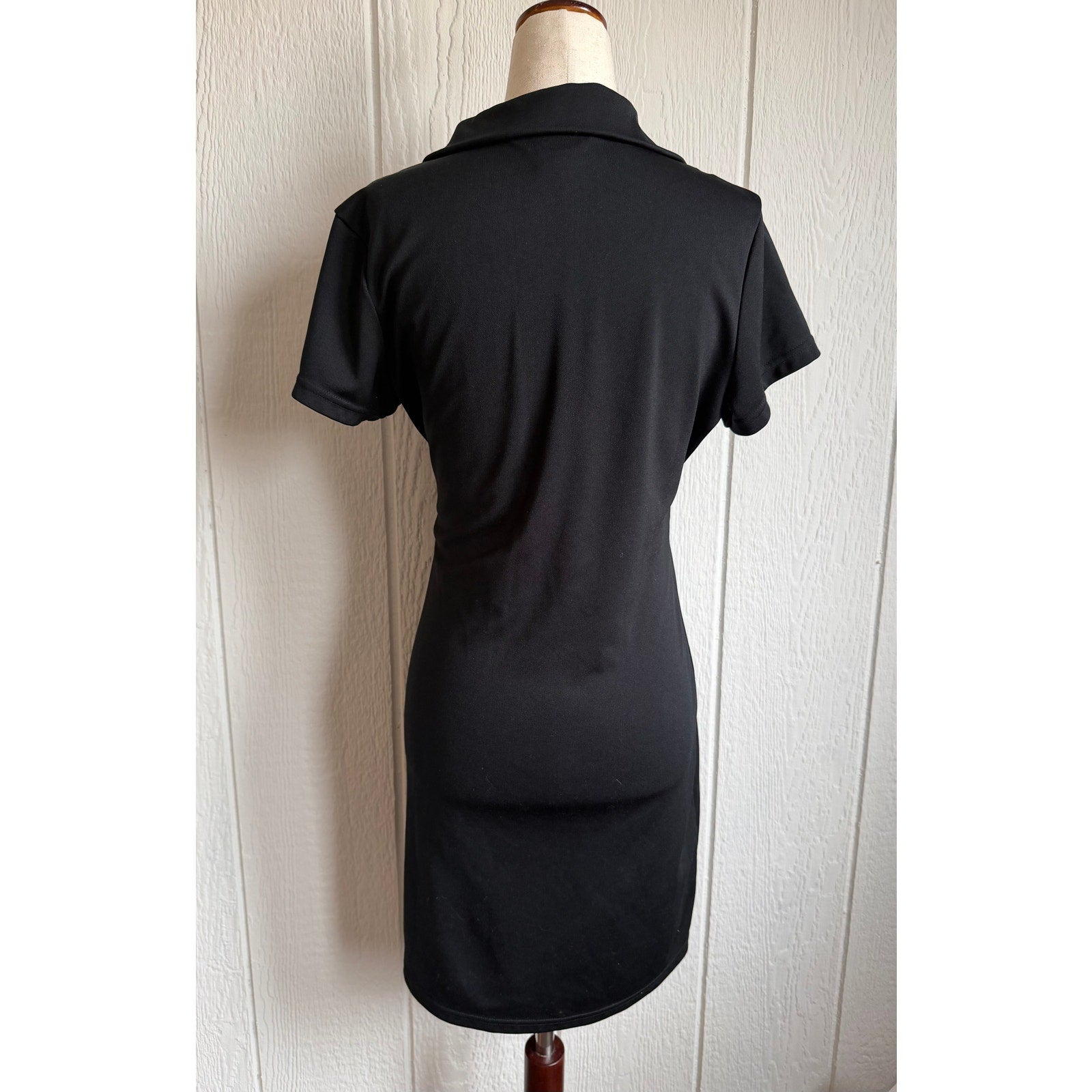 Vintage Express Tricot Stripe Polo Dress Black Retro Knit Mini Dress M Y2K