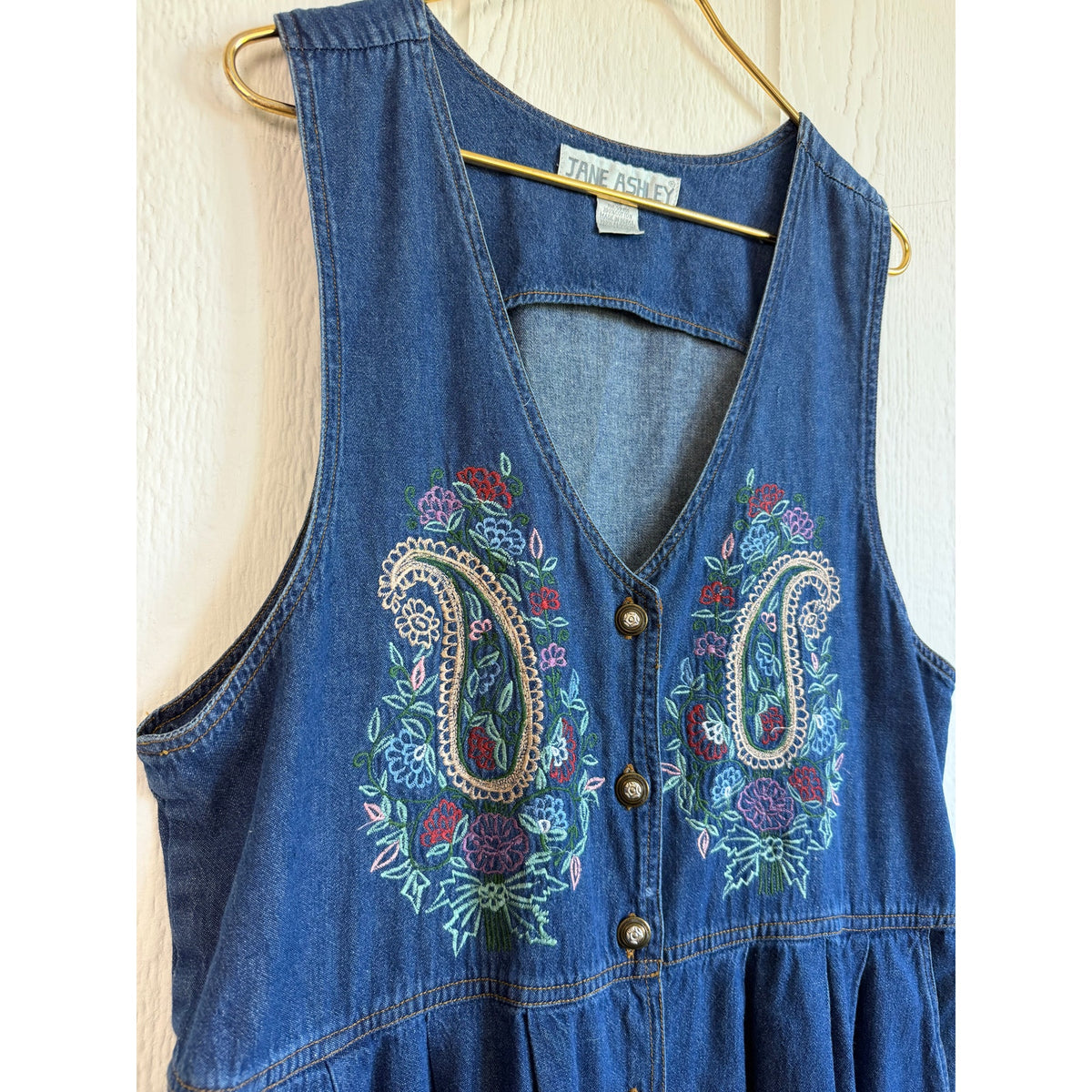 Vintage 90s Jane Ashley Denim LG Maxi Dress Embroidered Paisley Floral Button