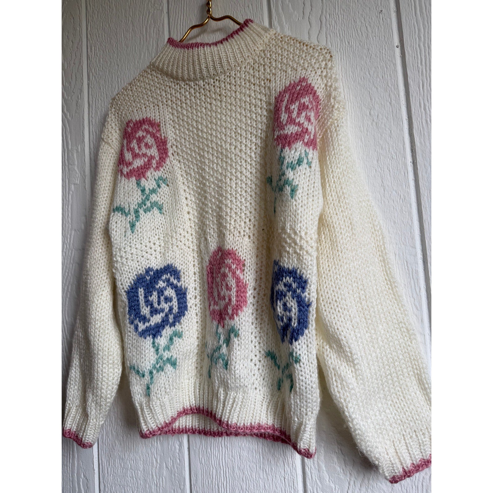 Vintage Hand Knit Paris Sport Club Rose Sweater Cottagecore Floral Knit | Size M