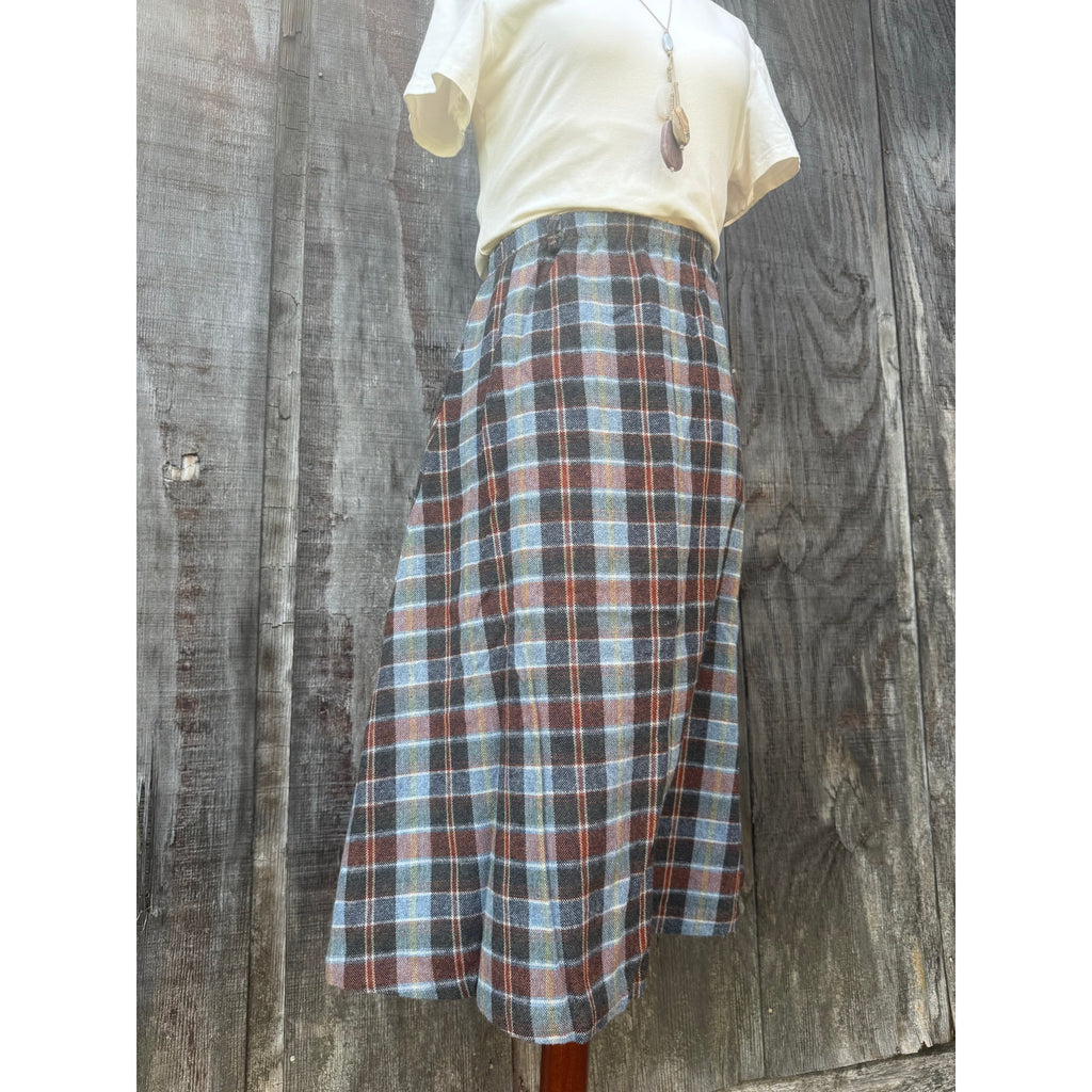 Vintage 90s Plaid Wool Blend Midi High Waist A Line Skirt Size 12