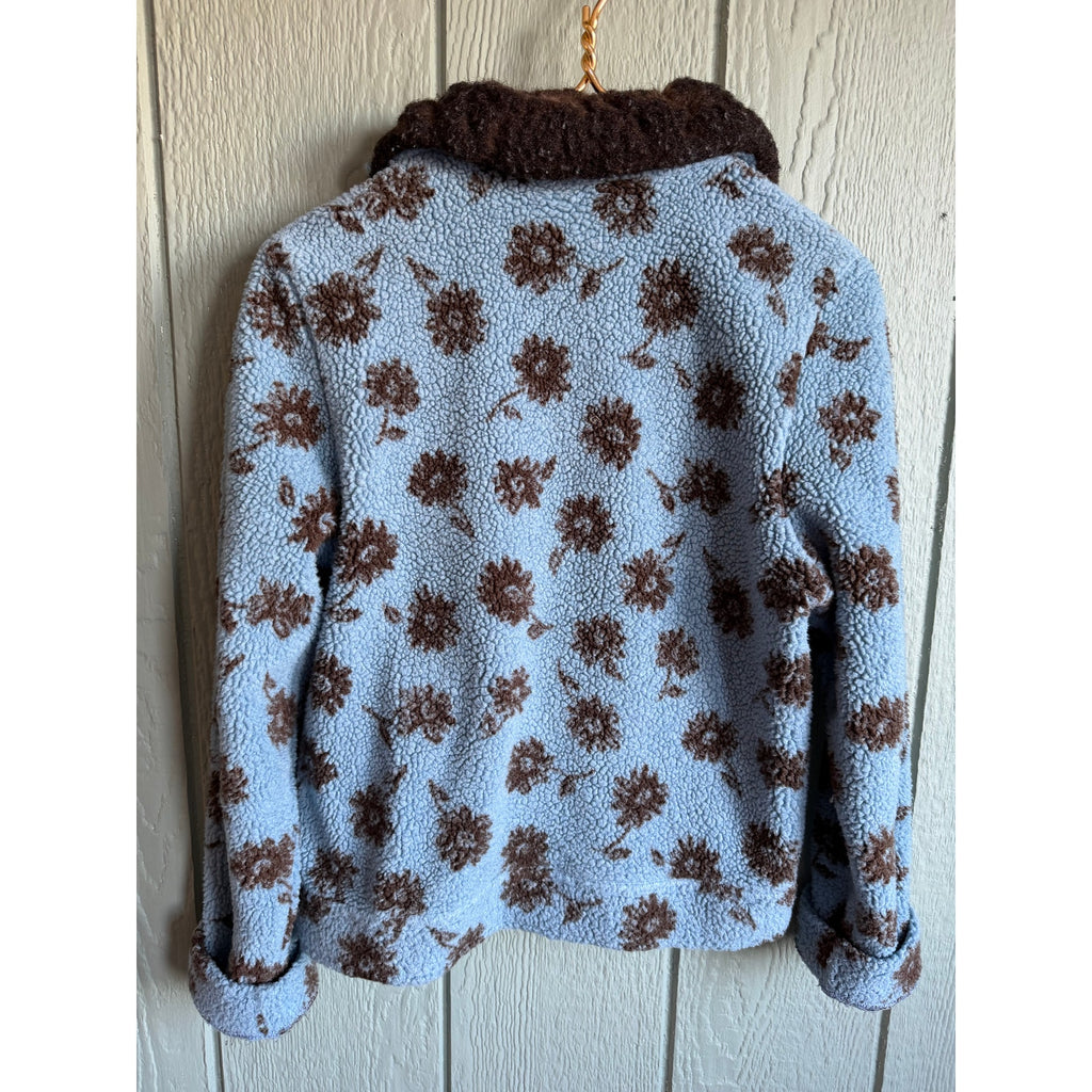 Vintage Floral Sherpa Fleece Jacket Women’s Blue Brown Zip Front Cozy Small