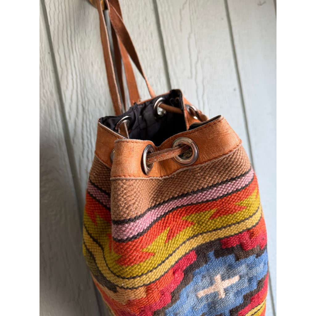 Trish Hunter Vintage Kilim Drawstring Bucket Bag | Leather & Woven Tapestry