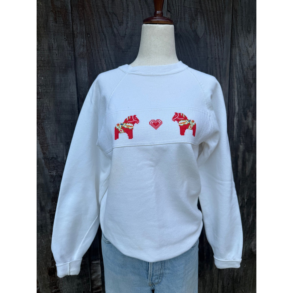 Vintage Cross Stitch Dala Horse Swedish Folk Crewneck, Medium