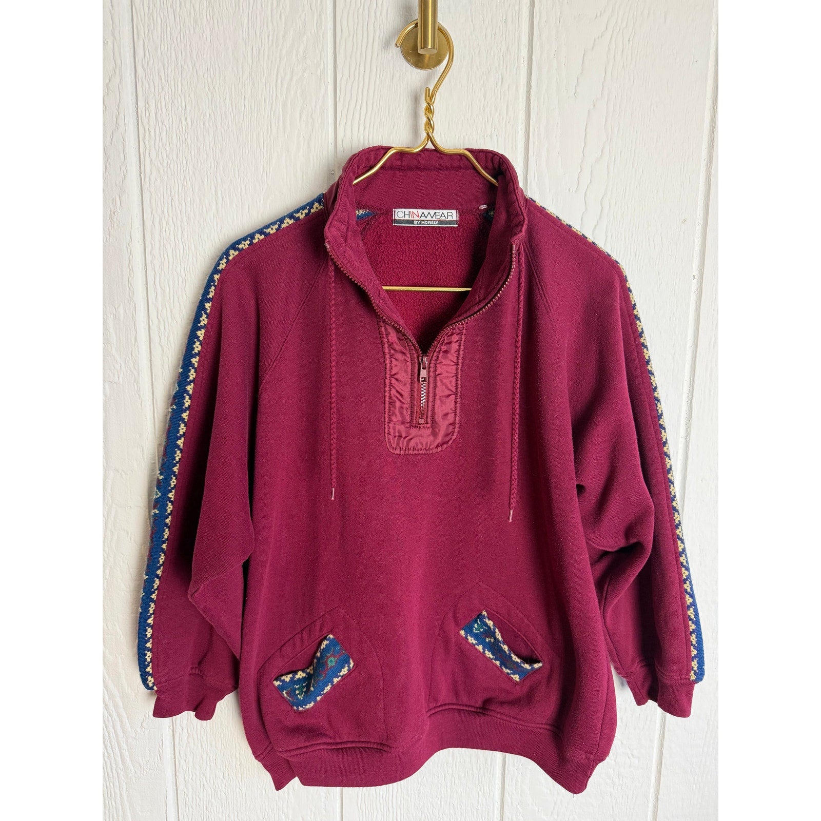Vintage 90s Chinawear Quarter Zip Sweatshirt Burgundy Fleece Lined Size