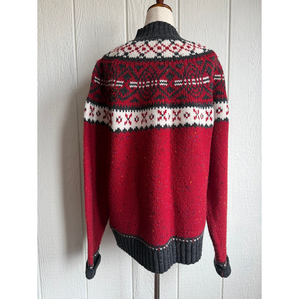 Vintage St Johns Bay Fair Isle Sweater Large Tall Red Nordic Mock Neck Wool