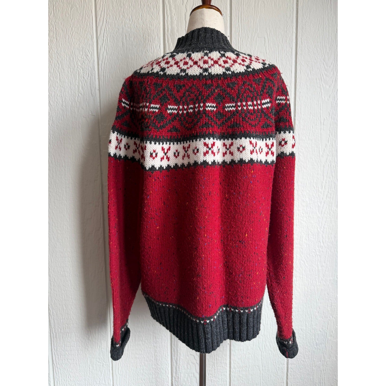 Vintage St Johns Bay Fair Isle Sweater Large Tall Red Nordic Mock Neck Wool