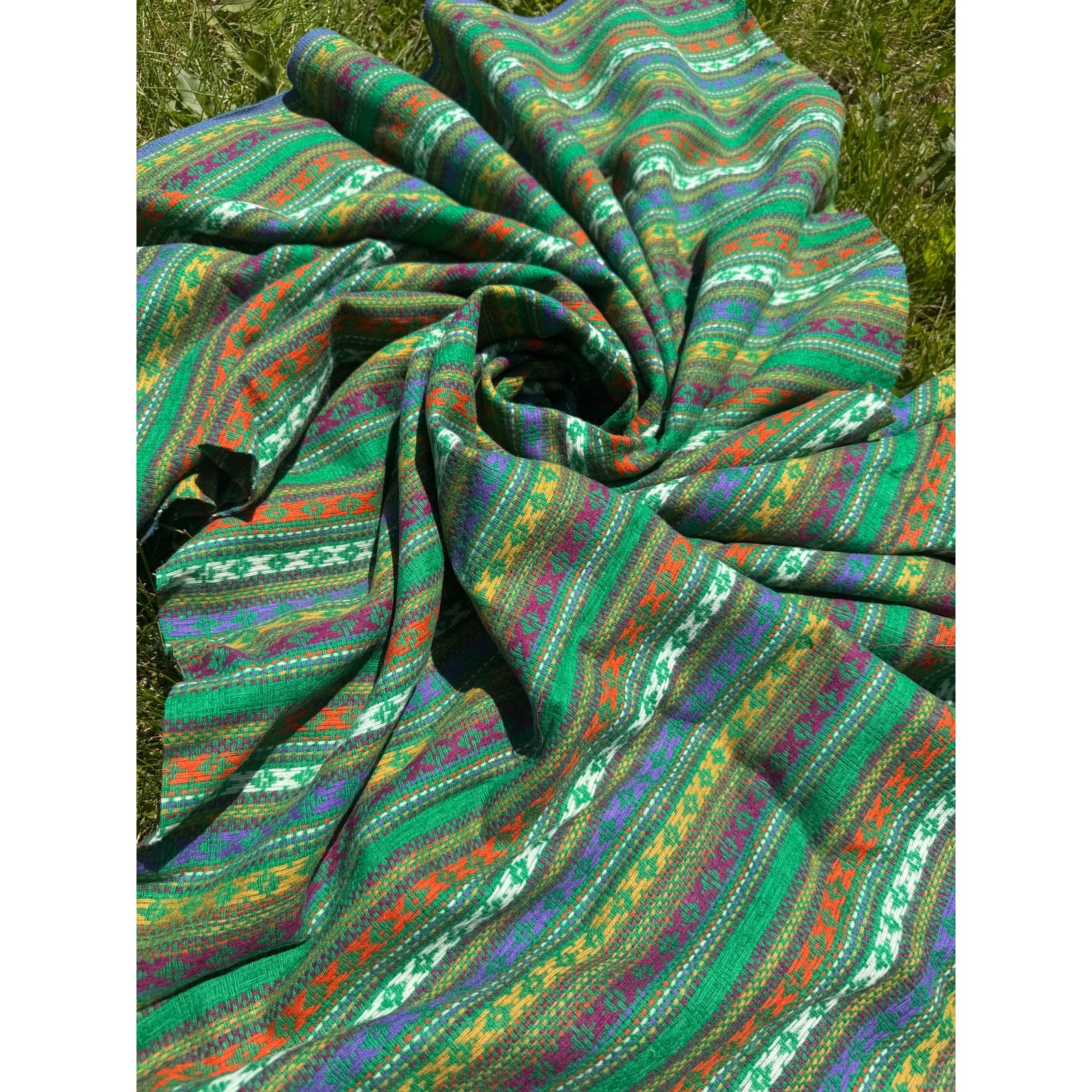 Vintage Southwestern Woven Fabric Panel Boho Tribal Textile Remnant Green