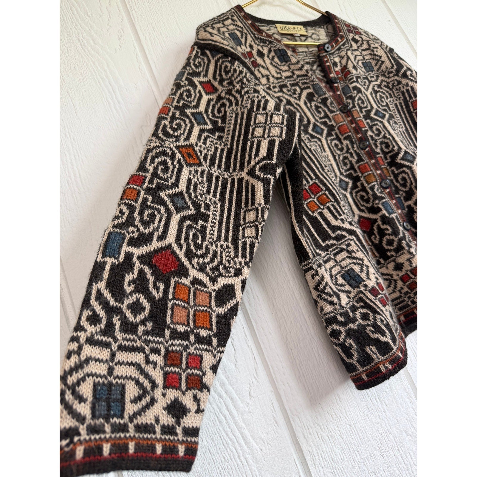 Vintage Intiwara Alpaca Wool Handmade Cardigan Sweater Print Large