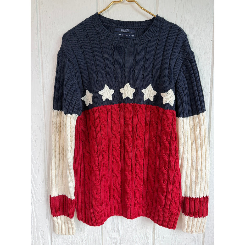Vintage 90s Tommy Hilfiger American Flag Cable Knit Hand-Knit Sweater Medium