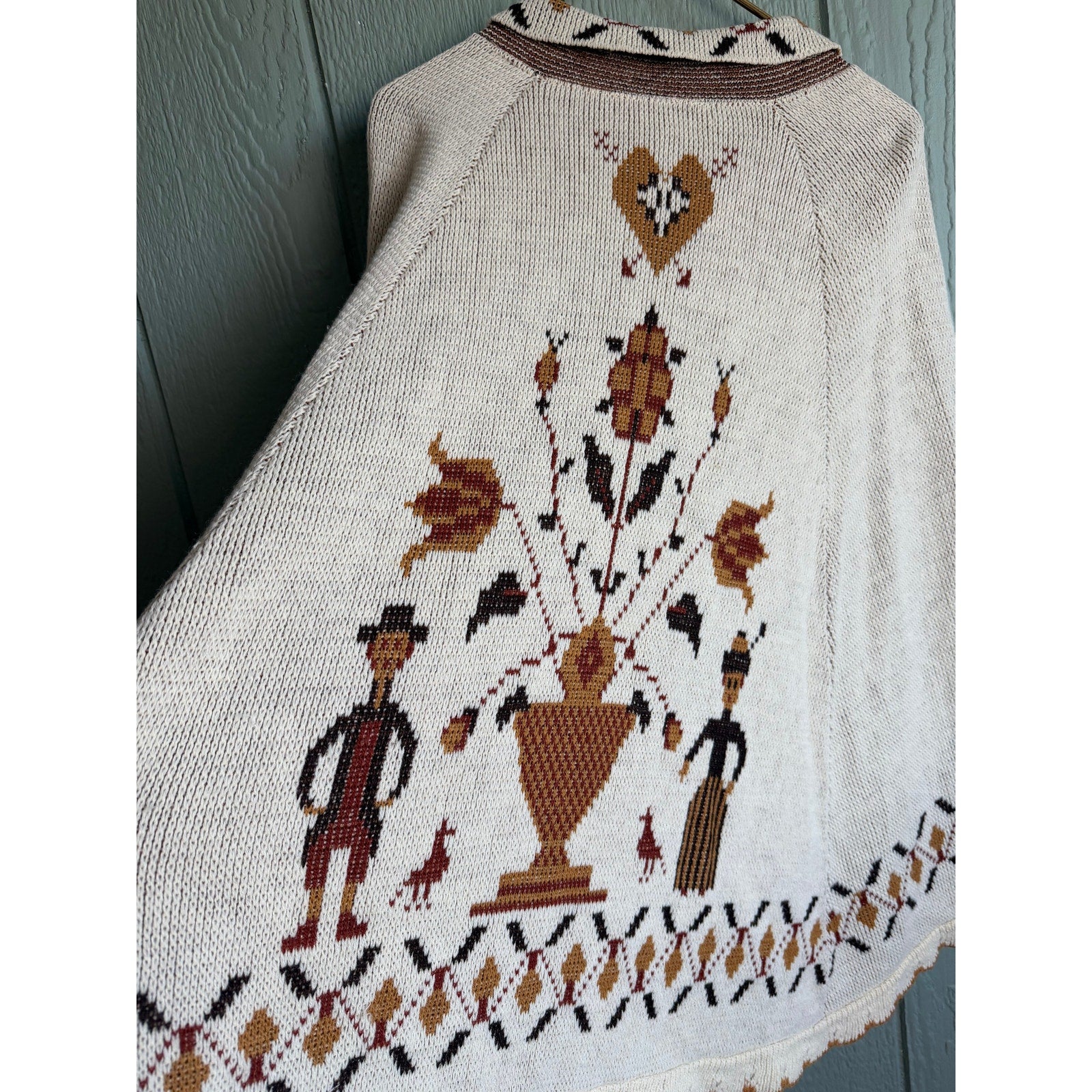 Vintage 90s Griffing Folk Art Cardigan Sweater Cape Cream Beige Button Front