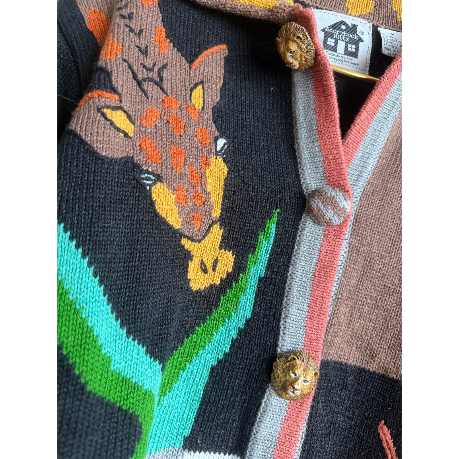 Vintage Stonybrook Knits Safari Cardigan Lion Giraffe Animal Knit Sweater Size M