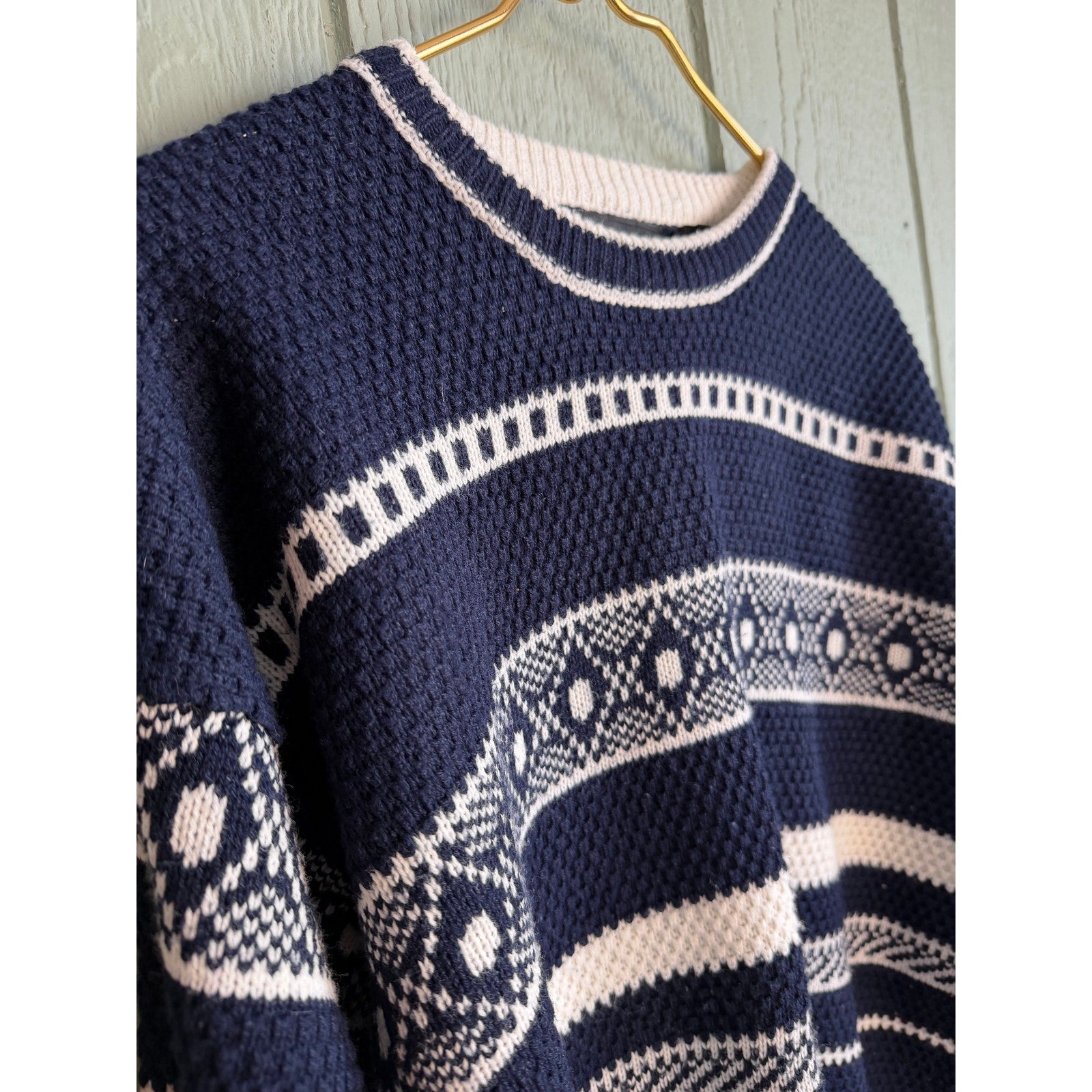 Vintage 90s Pasta Patterned Knit Sweater | Navy & Cream | Cozy Oversized Fit, SM