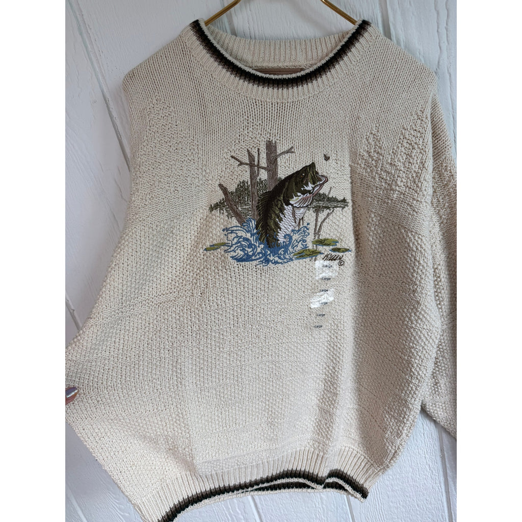NWT Vintage Shenandoah Sweater Large Largemouth Bass Knit Crewneck Cotton USA