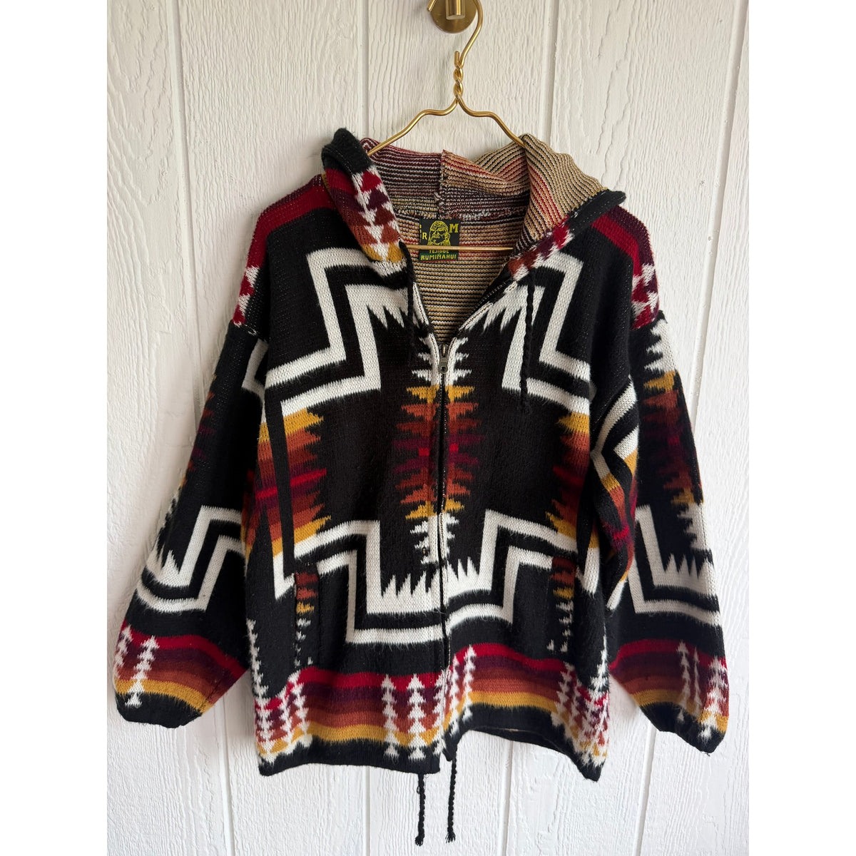 Vintage Ruminahui Ecuador Wool Hooded Sweater Jacket Medium Southwestern Aztec