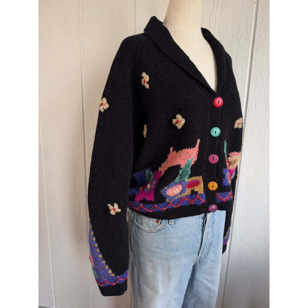 Vintage Carole Little Funky Floral Cardigan 90s Whimsigoth Wearable Art Sweater
