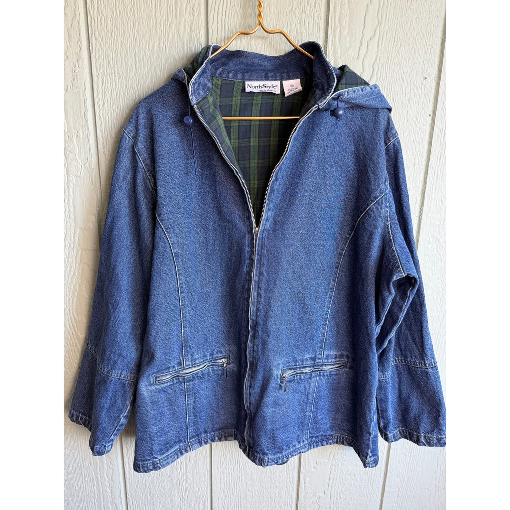 Vintage Denim Barn Jacket: Plaid Lined Fisherman's Jean Jacket XL